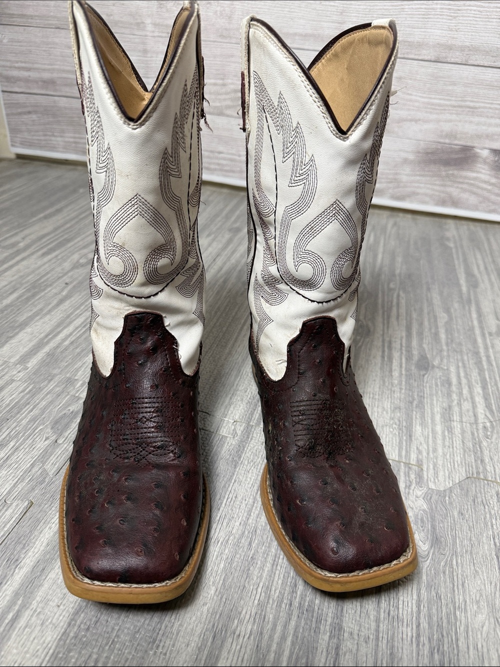Kids Rooer White & Dark Brown Square Toe Cowboy Boots Size 6